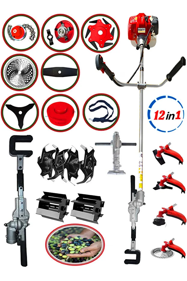 Yan tipi Benzinli Motorlu Tırpan + Zeytin Badem Hasat Makinası + Çapalama Seti Toplam 13 Parça